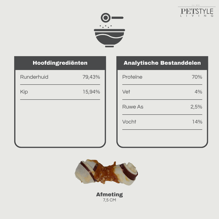 Petstyle Living - Geknoopte Botten met Kip & Rund Meerkleurig 7.5cm - 25 Stuks