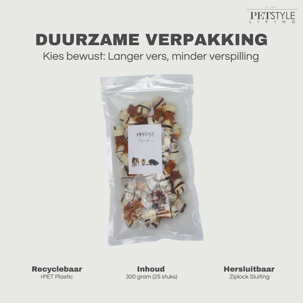 Petstyle Living - Geknoopte Botten met Kip & Rund Meerkleurig 7.5cm - 25 Stuks