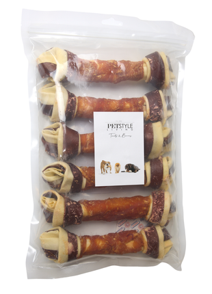Petstyle Living - Os noués multicolores au poulet et au bœuf, 21 cm - Lot de 6