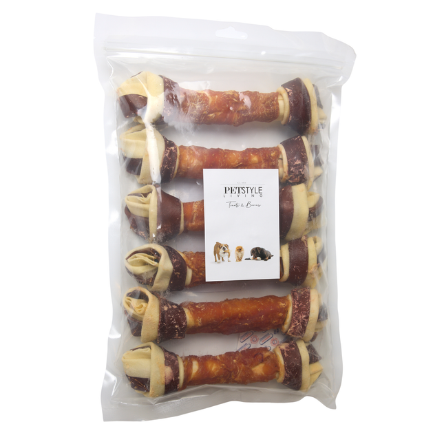 Petstyle Living - Geknoopte Botten  met Kip & Rund Meerkleurig 21cm - 6 Stuks