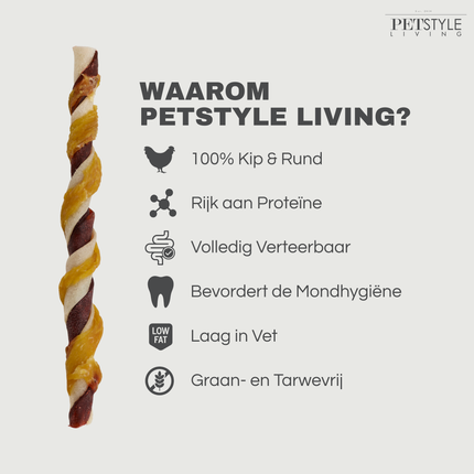 Petstyle Living - Gedraaide Sticks Meerkleurig met Kip & Rund 12.5cm - 100 Stuks